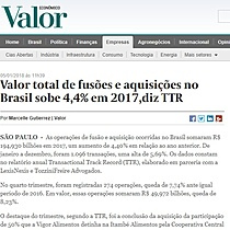 Valor total de fuses e aquisies no Brasil sobe 4,4% em 2017, diz TTR